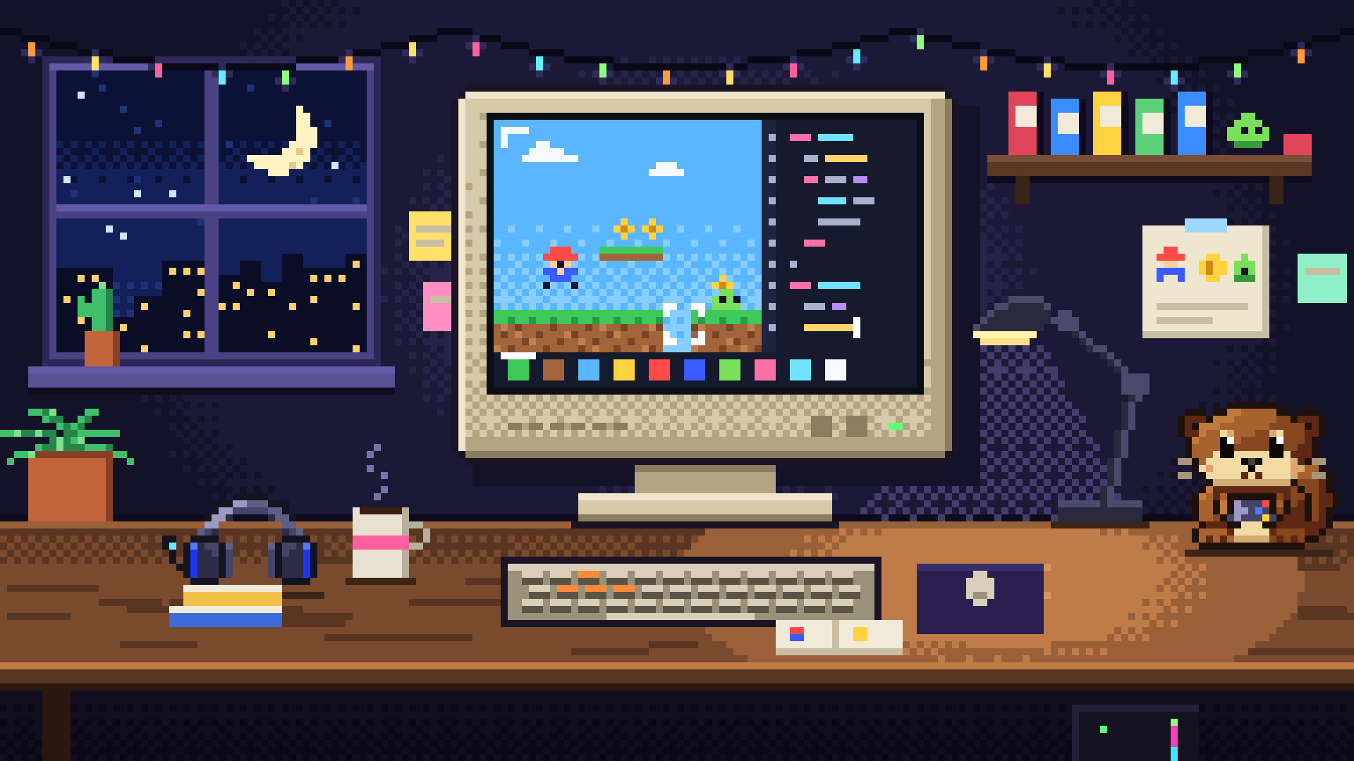 Pixel art: a cozy late-night desk with a CRT showing a platformer being built, a gaming headset and the OnlyLANs otter holding a controller